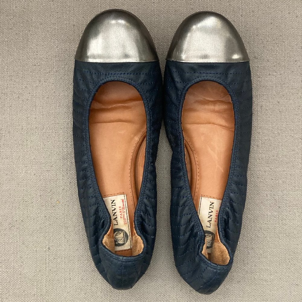 LANVIN Navy Blue Quilted Shiny Silver Camel Cap Leather Ballet Flats Shoes